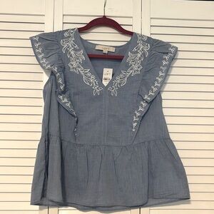 LOFT Chambray Short Sleeve Embroidered Blouse